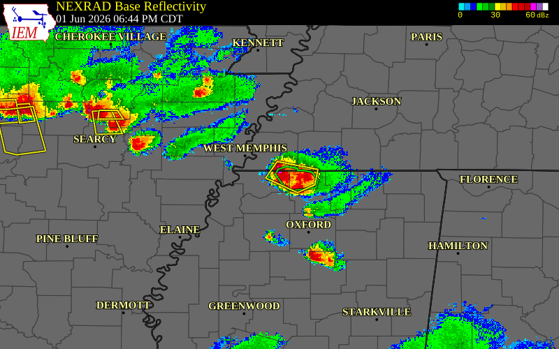 Radar snapshot during the Jun 1, 2026 hail event near 1 N Olive Branch, DeSoto County, Mississippi, with NWS warning polygons