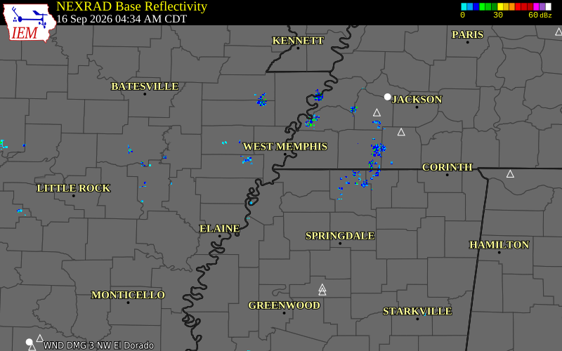 Current NEXRAD radar over DeSoto County, Mississippi with recent storm report locations