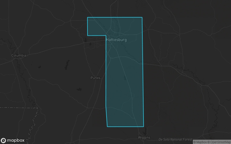 Map of Forrest County, Mississippi showing the county boundary and surrounding cities