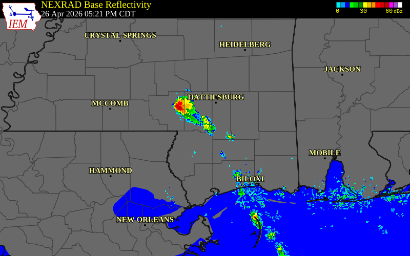 NEXRAD radar during the Sunday, April 26, 2026 storm activity in Forrest County, Mississippi
