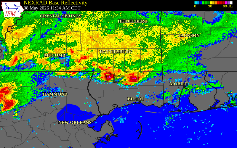 NEXRAD radar during the Friday, May 8, 2026 storm activity in Forrest County, Mississippi