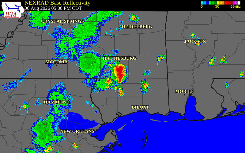 NEXRAD radar during the Thursday, August 6, 2026 storm activity in Forrest County, Mississippi