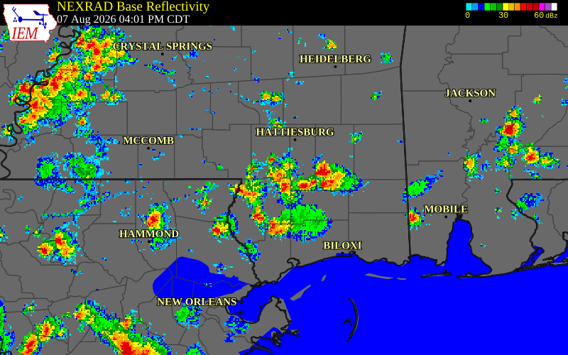 NEXRAD radar during the Friday, August 7, 2026 storm activity in Forrest County, Mississippi