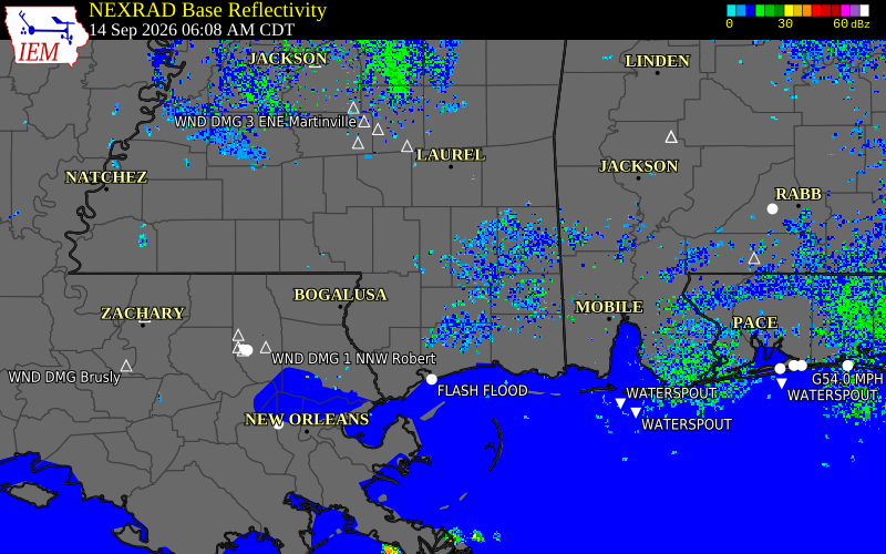 Current NEXRAD radar over Forrest County, Mississippi with recent storm report locations