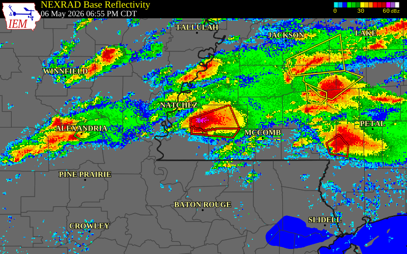 NEXRAD radar during the Wednesday, May 6, 2026 storm activity in Franklin County, Mississippi