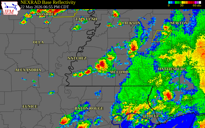NEXRAD radar during the Friday, May 22, 2026 storm activity in Franklin County, Mississippi