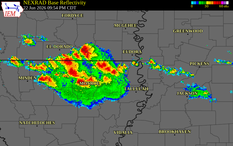 NEXRAD radar during the Monday, June 22, 2026 storm activity in Franklin County, Mississippi
