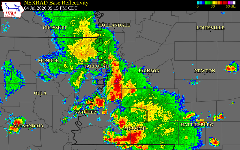 NEXRAD radar during the Saturday, July 4, 2026 storm activity in Franklin County, Mississippi