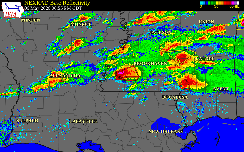 Radar snapshot during the May 6, 2026 tornado event near 1 NE Garden City, Franklin County, Mississippi, with NWS warning polygons