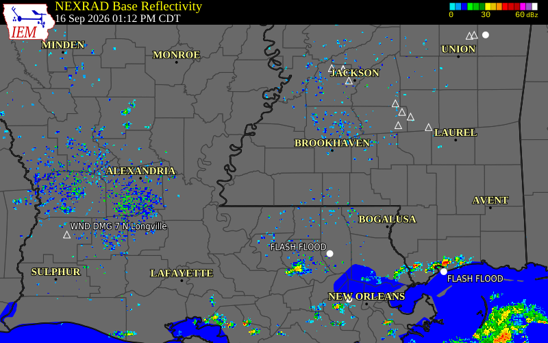 Current NEXRAD radar over Franklin County, Mississippi with recent storm report locations