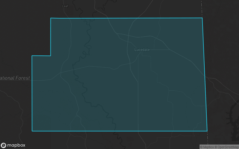 Map of George County, Mississippi showing the county boundary and surrounding cities