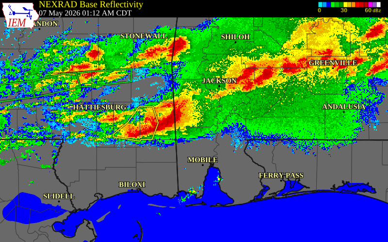 NEXRAD radar during the Thursday, May 7, 2026 storm activity in George County, Mississippi