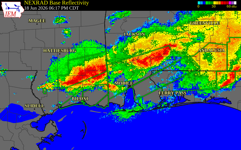 NEXRAD radar during the Thursday, June 18, 2026 storm activity in George County, Mississippi