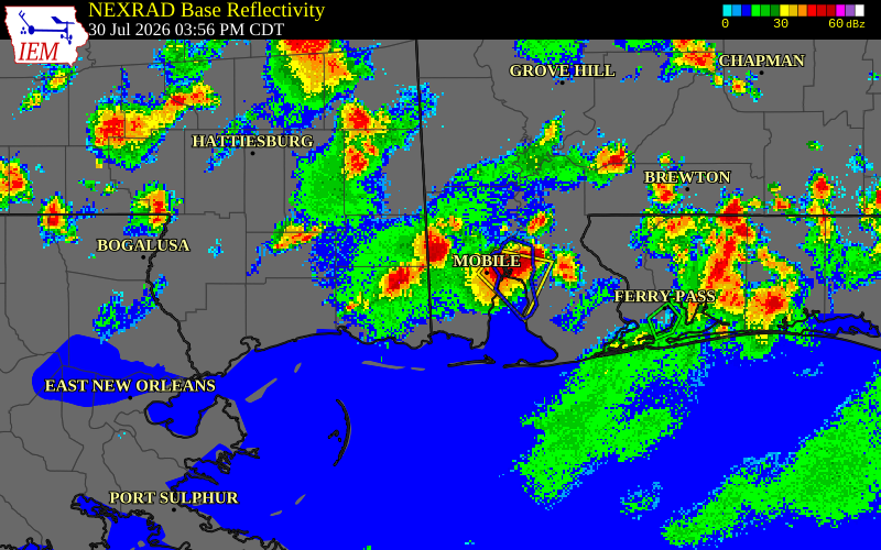 NEXRAD radar during the Thursday, July 30, 2026 storm activity in George County, Mississippi
