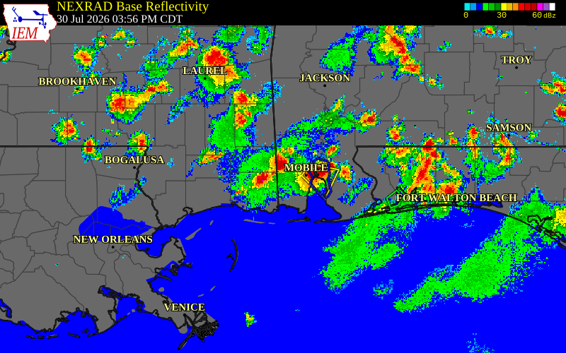 Radar snapshot during the Jul 30, 2026 wind event near George County, George County, Mississippi, with NWS warning polygons