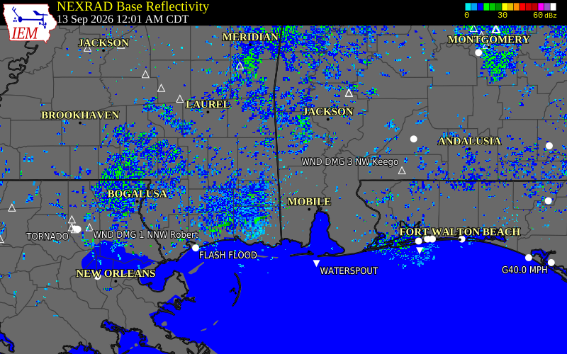 Current NEXRAD radar over George County, Mississippi with recent storm report locations