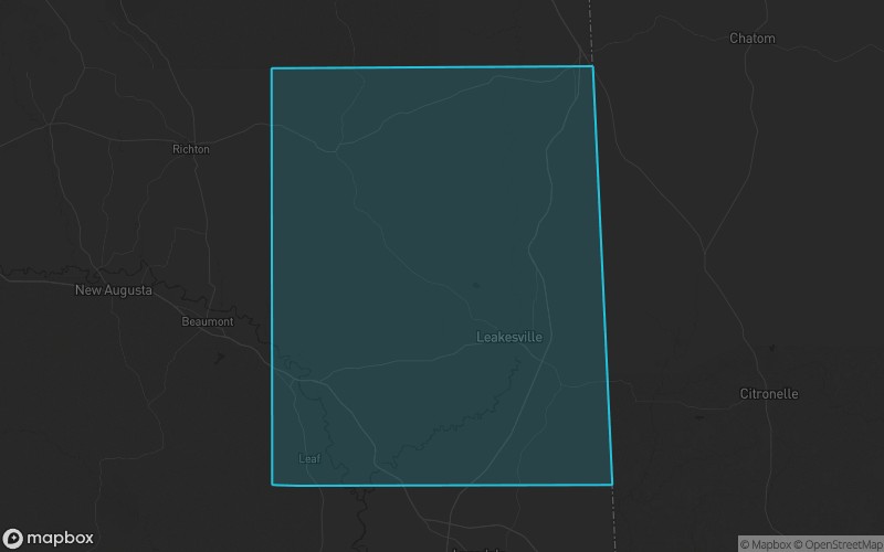Map of Greene County, Mississippi showing the county boundary and surrounding cities