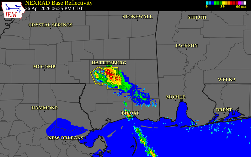 NEXRAD radar during the Sunday, April 26, 2026 storm activity in Greene County, Mississippi
