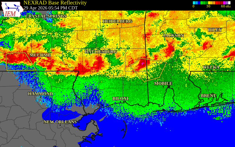 NEXRAD radar during the Wednesday, April 29, 2026 storm activity in Greene County, Mississippi