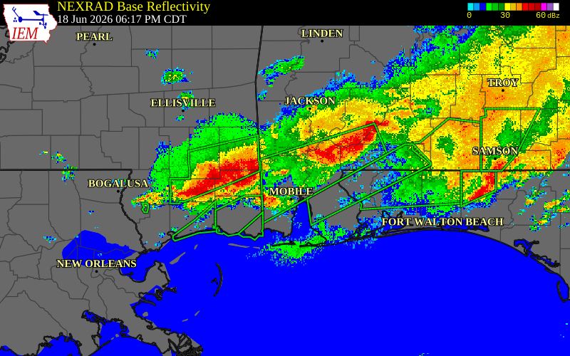 Radar snapshot during the Jun 18, 2026 wind event near Greene County, Greene County, Mississippi, with NWS warning polygons