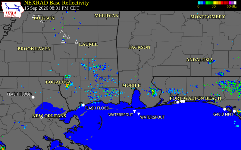Current NEXRAD radar over Greene County, Mississippi with recent storm report locations