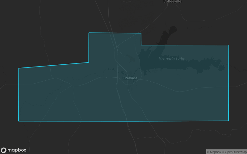 Map of Grenada County, Mississippi showing the county boundary and surrounding cities