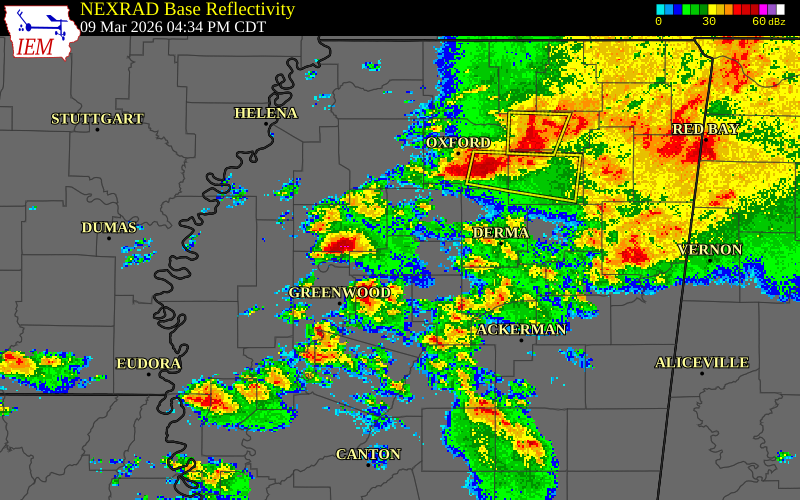 NEXRAD radar during the Monday, March 9, 2026 storm activity in Grenada County, Mississippi