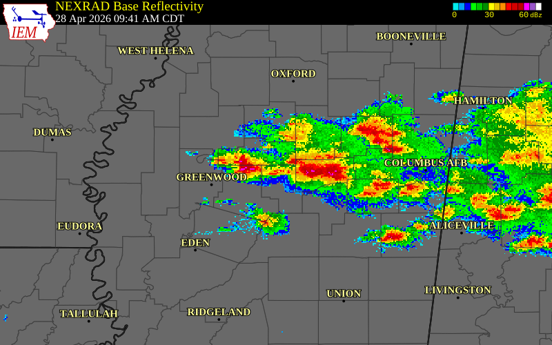 NEXRAD radar during the Tuesday, April 28, 2026 storm activity in Grenada County, Mississippi