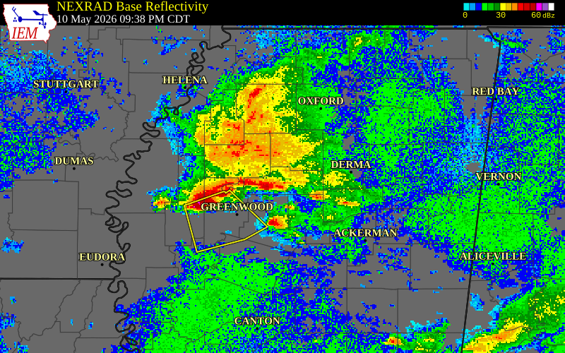 NEXRAD radar during the Sunday, May 10, 2026 storm activity in Grenada County, Mississippi