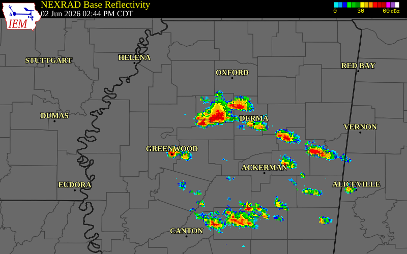 NEXRAD radar during the Tuesday, June 2, 2026 storm activity in Grenada County, Mississippi