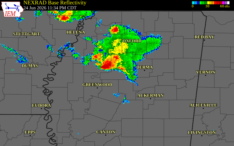 NEXRAD radar during the Wednesday, June 24, 2026 storm activity in Grenada County, Mississippi