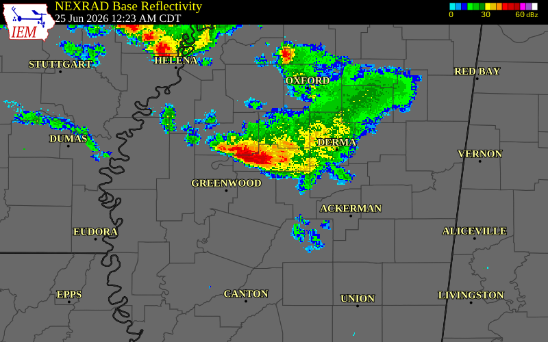 NEXRAD radar during the Thursday, June 25, 2026 storm activity in Grenada County, Mississippi