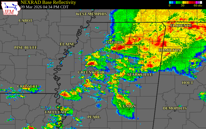 Radar snapshot during the Mar 9, 2026 hail event near Grenada County, Grenada County, Mississippi, with NWS warning polygons