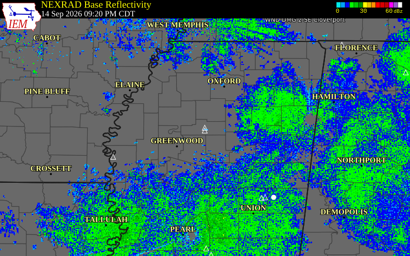 Current NEXRAD radar over Grenada County, Mississippi with recent storm report locations
