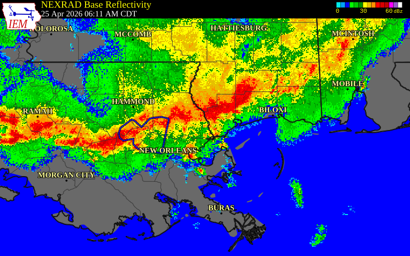 NEXRAD radar during the Saturday, April 25, 2026 storm activity in Hancock County, Mississippi