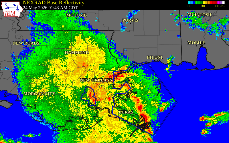 NEXRAD radar during the Sunday, May 24, 2026 storm activity in Hancock County, Mississippi