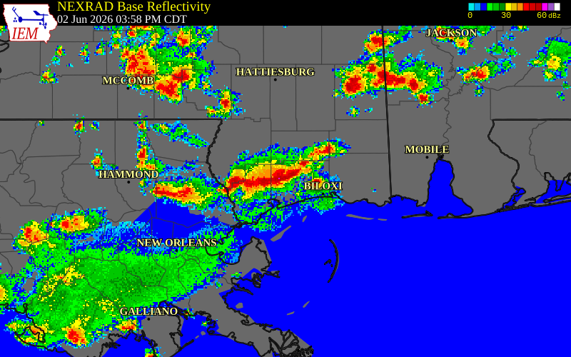NEXRAD radar during the Tuesday, June 2, 2026 storm activity in Hancock County, Mississippi