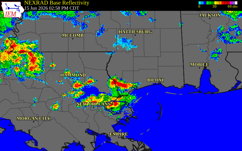 NEXRAD radar during the Monday, June 15, 2026 storm activity in Hancock County, Mississippi