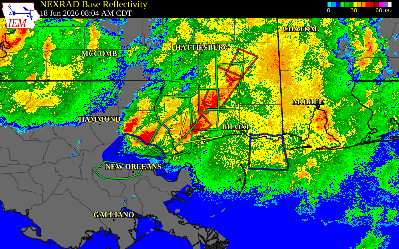 NEXRAD radar during the Thursday, June 18, 2026 storm activity in Hancock County, Mississippi