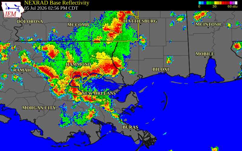 NEXRAD radar during the Sunday, July 5, 2026 storm activity in Hancock County, Mississippi