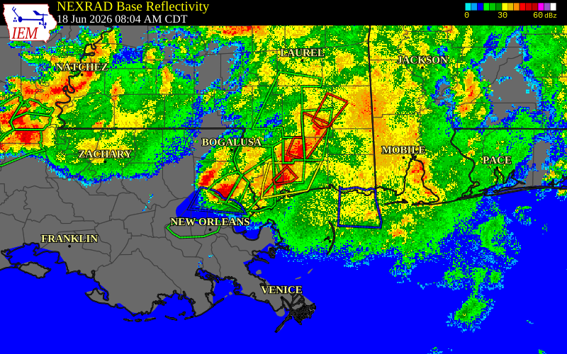 Radar snapshot during the Jun 18, 2026 tornado event near 8 NE Kiln, Hancock County, Mississippi, with NWS warning polygons