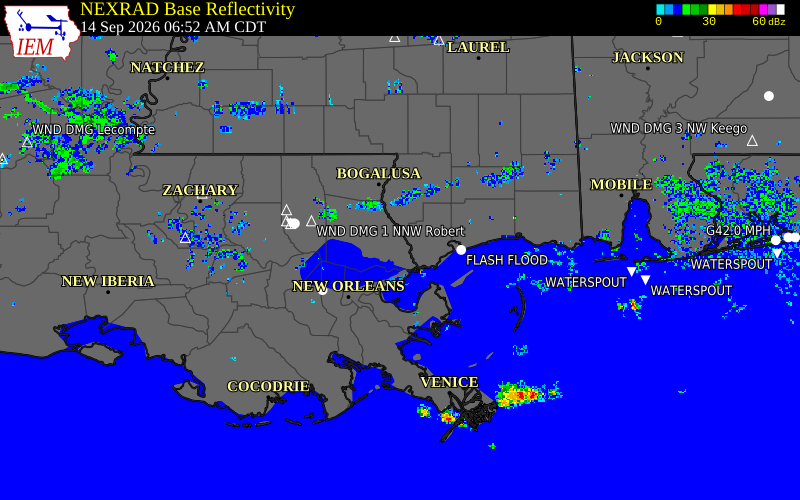 Current NEXRAD radar over Hancock County, Mississippi with recent storm report locations