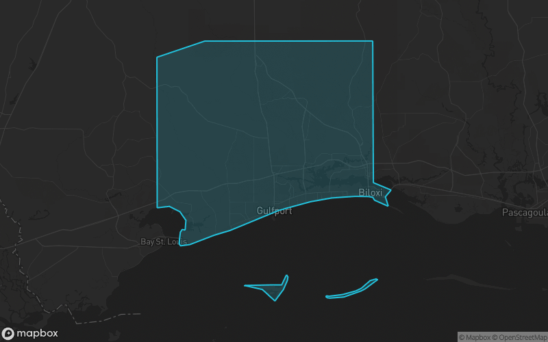 Map of Harrison County, Mississippi showing the county boundary and surrounding cities