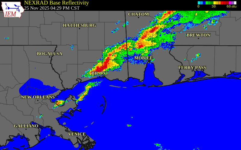 NEXRAD radar during the Tuesday, November 25, 2025 storm activity in Harrison County, Mississippi