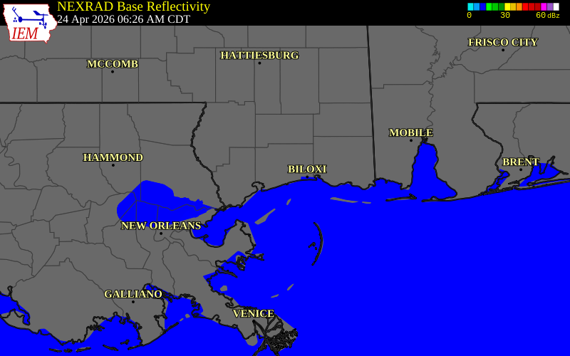 NEXRAD radar during the Friday, April 24, 2026 storm activity in Harrison County, Mississippi
