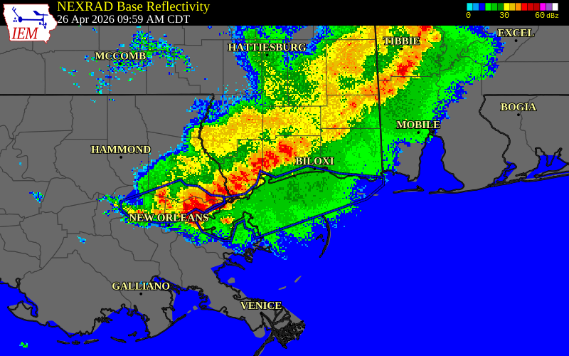 NEXRAD radar during the Sunday, April 26, 2026 storm activity in Harrison County, Mississippi