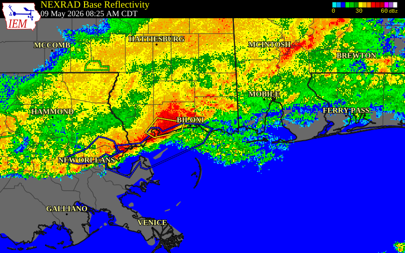 NEXRAD radar during the Saturday, May 9, 2026 storm activity in Harrison County, Mississippi