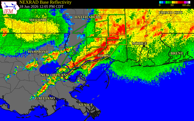 NEXRAD radar during the Thursday, June 18, 2026 storm activity in Harrison County, Mississippi