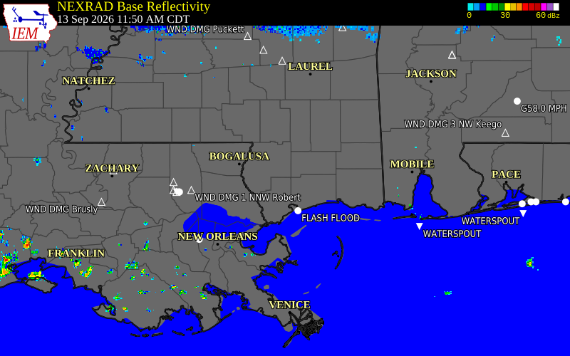 Current NEXRAD radar over Harrison County, Mississippi with recent storm report locations