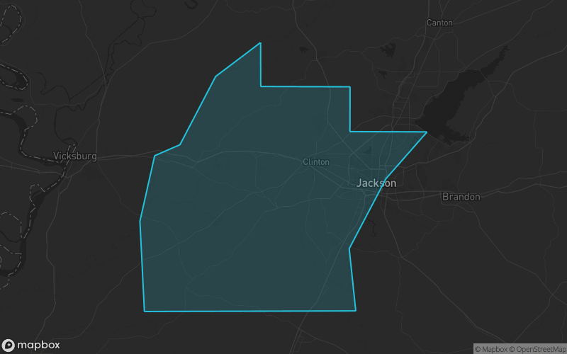 Map of Hinds County, Mississippi showing the county boundary and surrounding cities